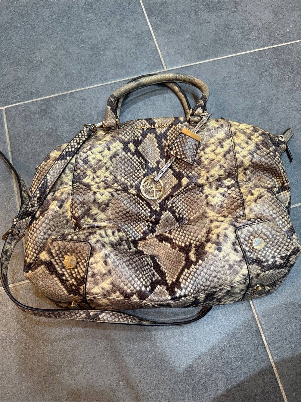Michael Kors Snake-Print Satchel in Beige and Black